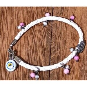 Evil Eye Hamsa Real Pearl White Leather Sterling Silver Bracelet